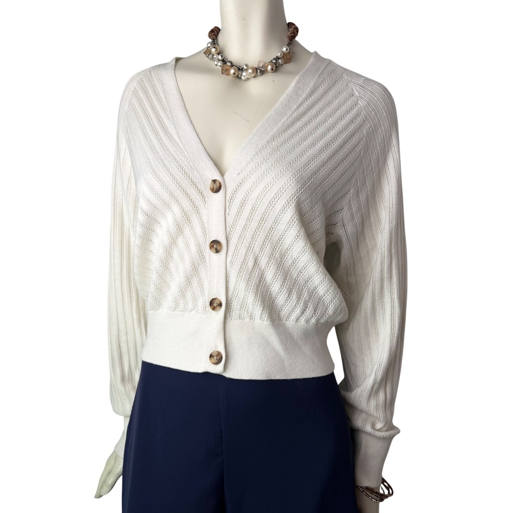 RW&CO Cardigan + Necklace Pointelle Knit Cropped White Coastal Grandmother M